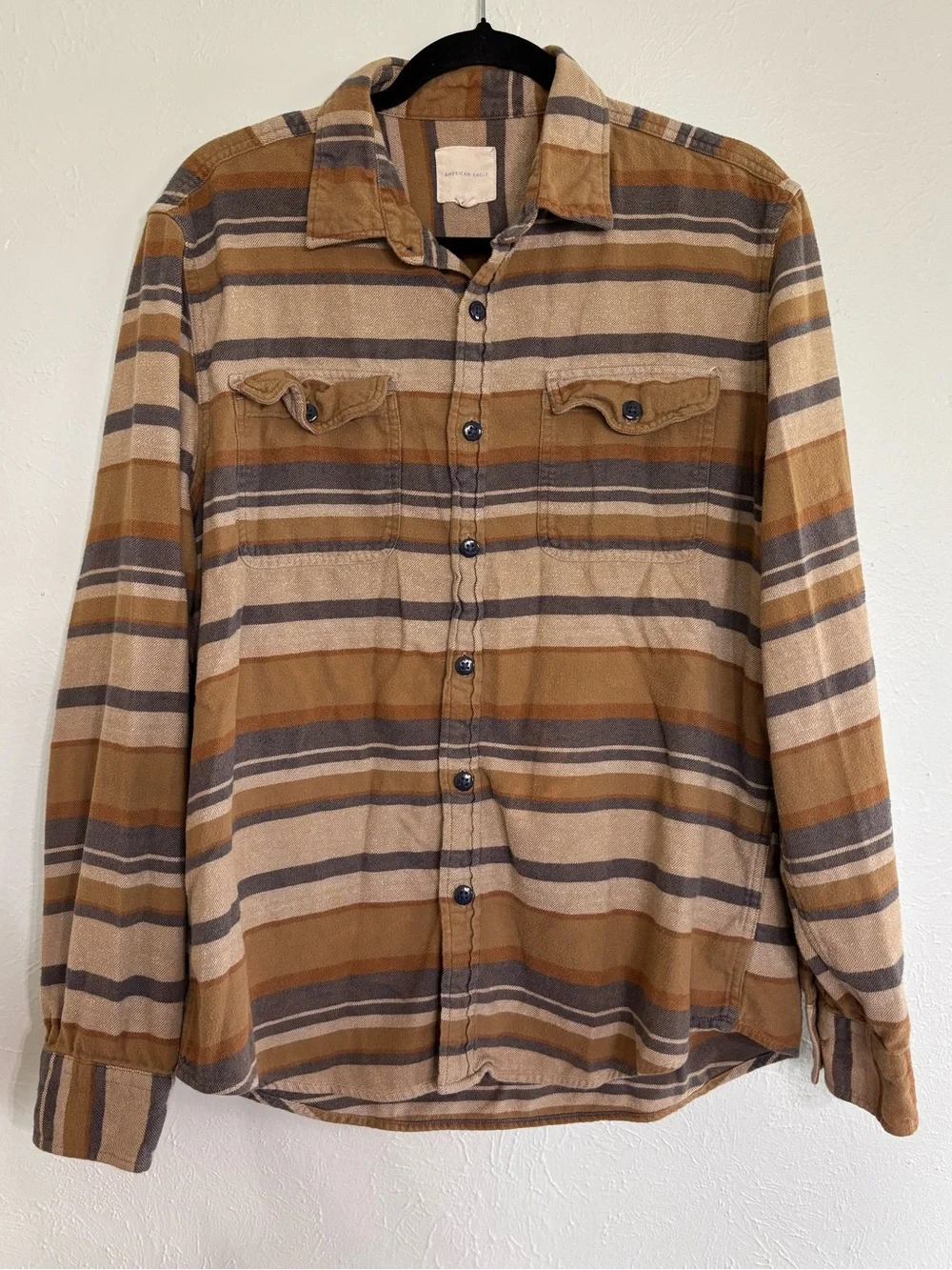 American Eagle Striped Button-Up Shirt in Tan and Brown